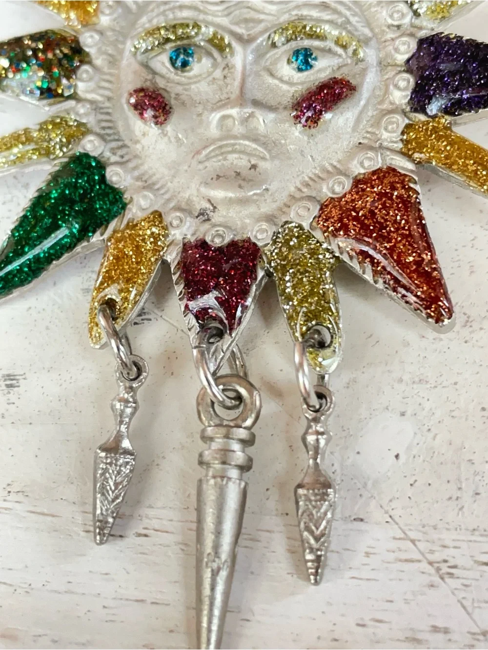 Vintage Silver-Tone Celestial Glitter Sun Face Brooch
